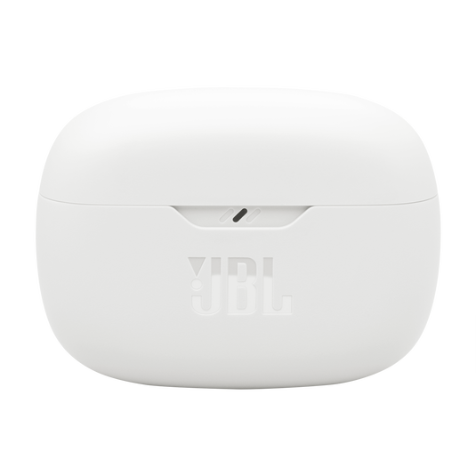 JBL Wave Beam 2, estuche de carga vista frontal blanca