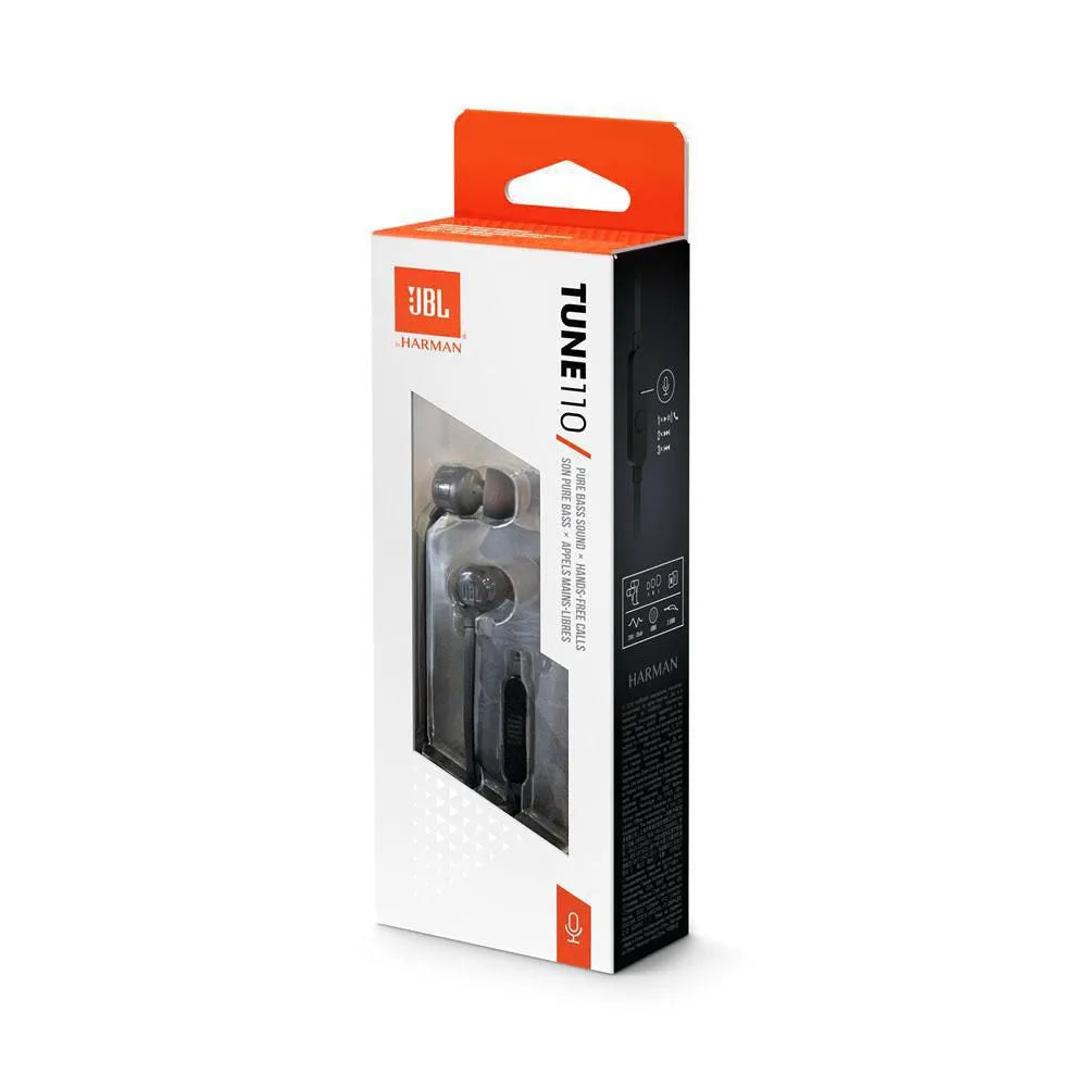 JBL Tune 110 vista frontal en empaque azul con accesorios