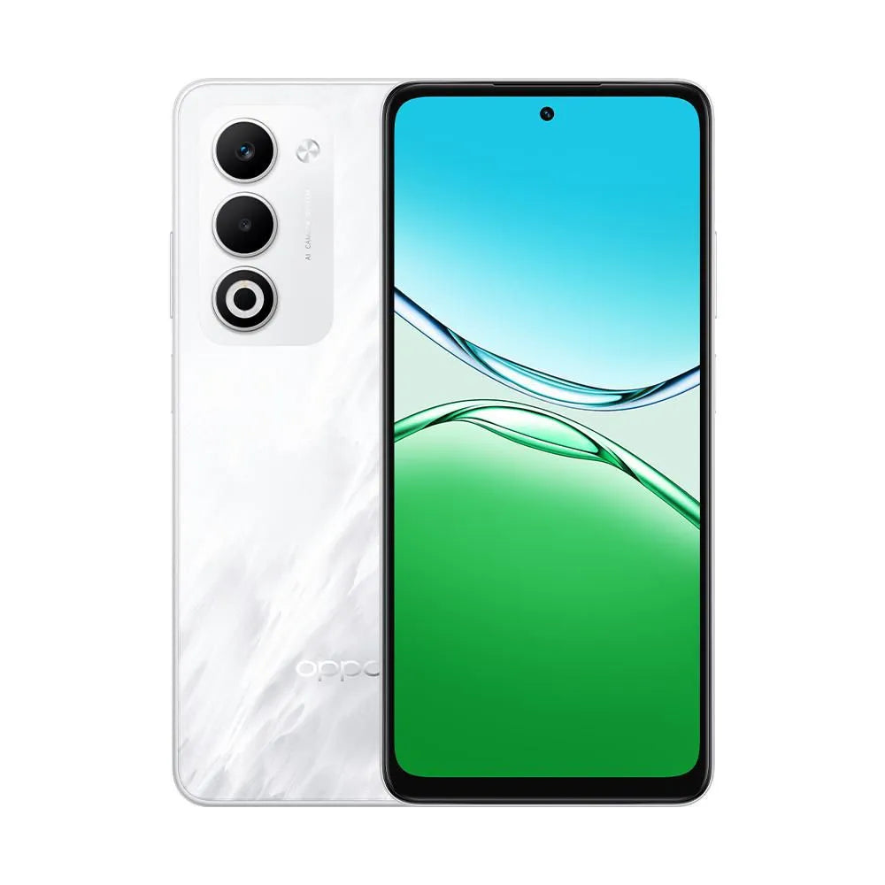 OPPO A5 vista trasera blanca con módulo de cámaras