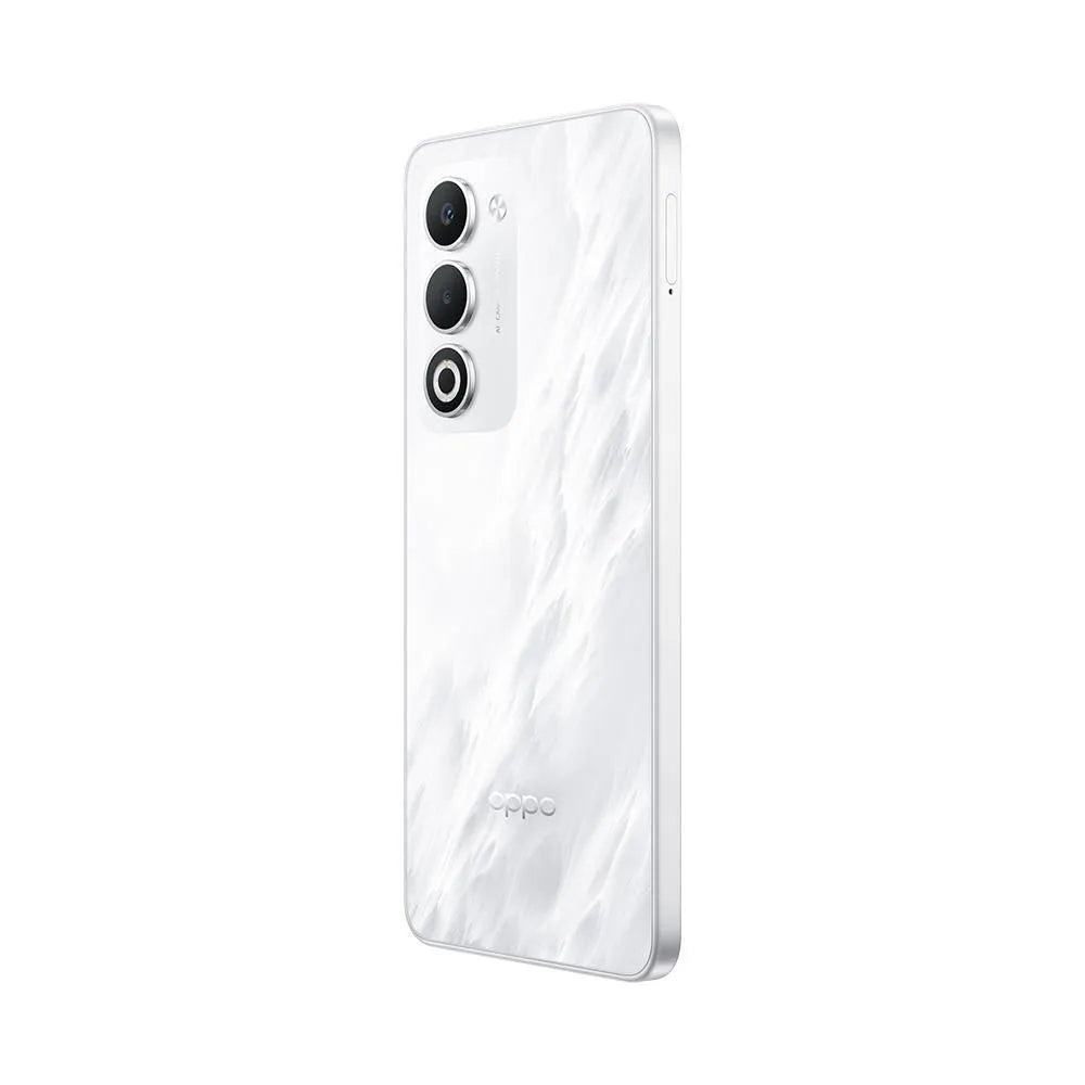 OPPO A5 vista lateral izquierda resaltando acabado blanco