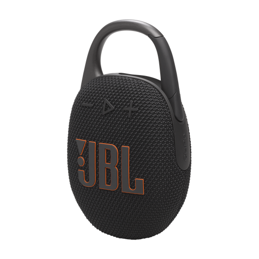 JBL Clip 5 vista lateral negra, perfil compacto portátil