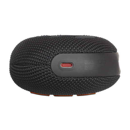 JBL Clip 5 vista inferior negra, puerto y base antideslizante