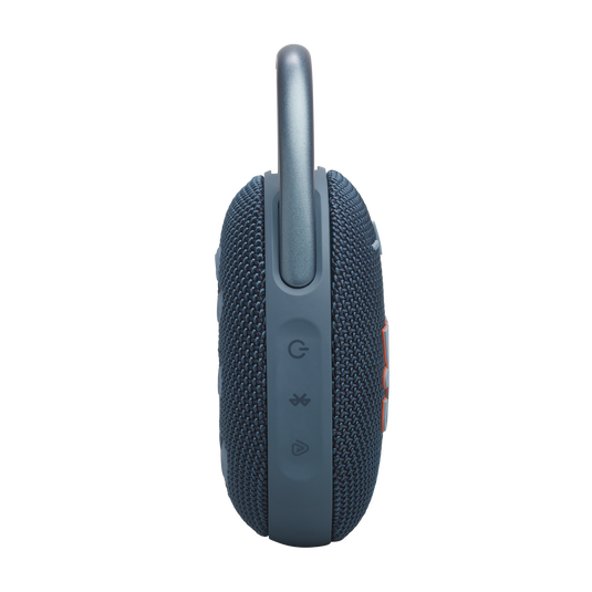 JBL Clip 5 vista lateral azul, mosquetón integrado visible