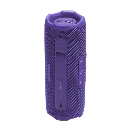 JBL Flip 7 vista trasera morada, rejilla y logo
