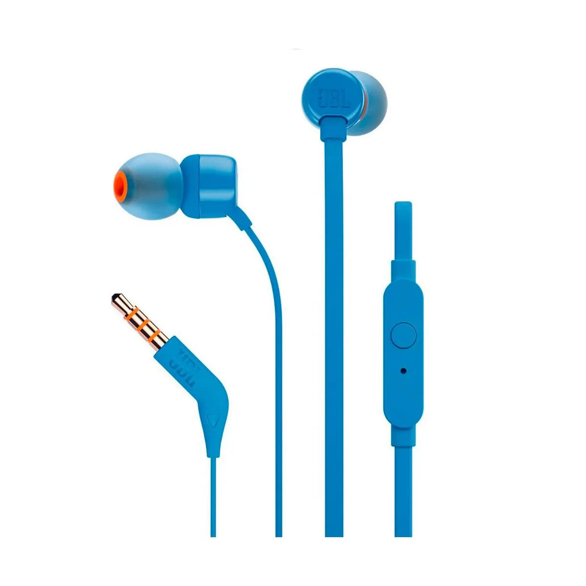 JBL Tune 110 vista lateral azul con cable y micrófono integrado