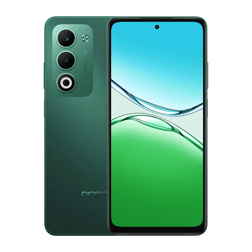 OPPO A5 vista frontal con pantalla y diseño en blanco
