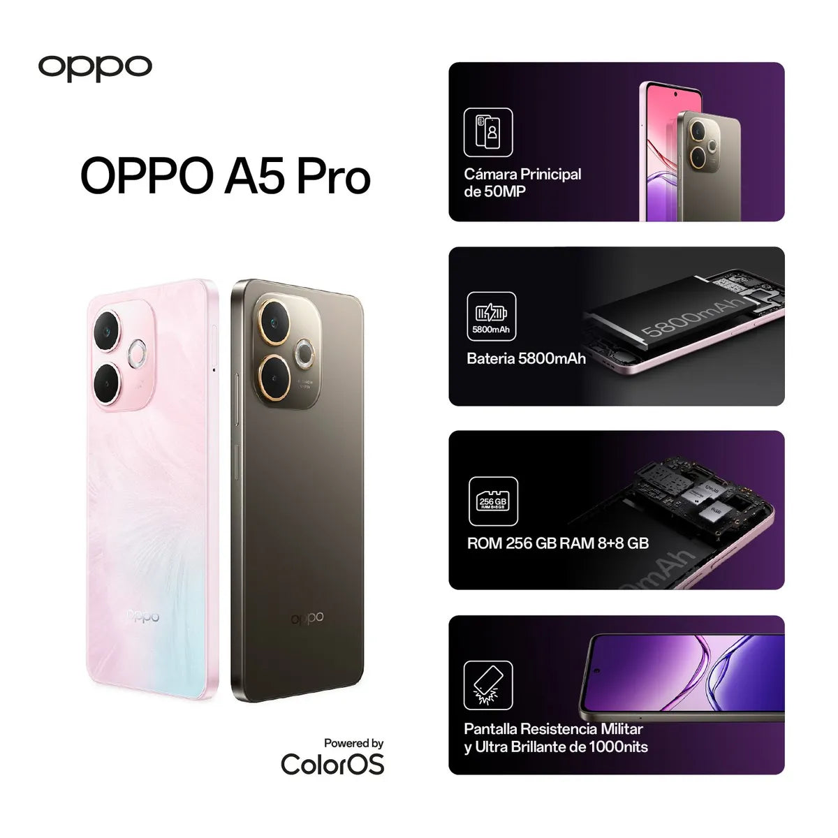 Celular OPPO A5 Pro 5G | Pantalla 120Hz Batería 5800mAh IP69 Grado Militar IA