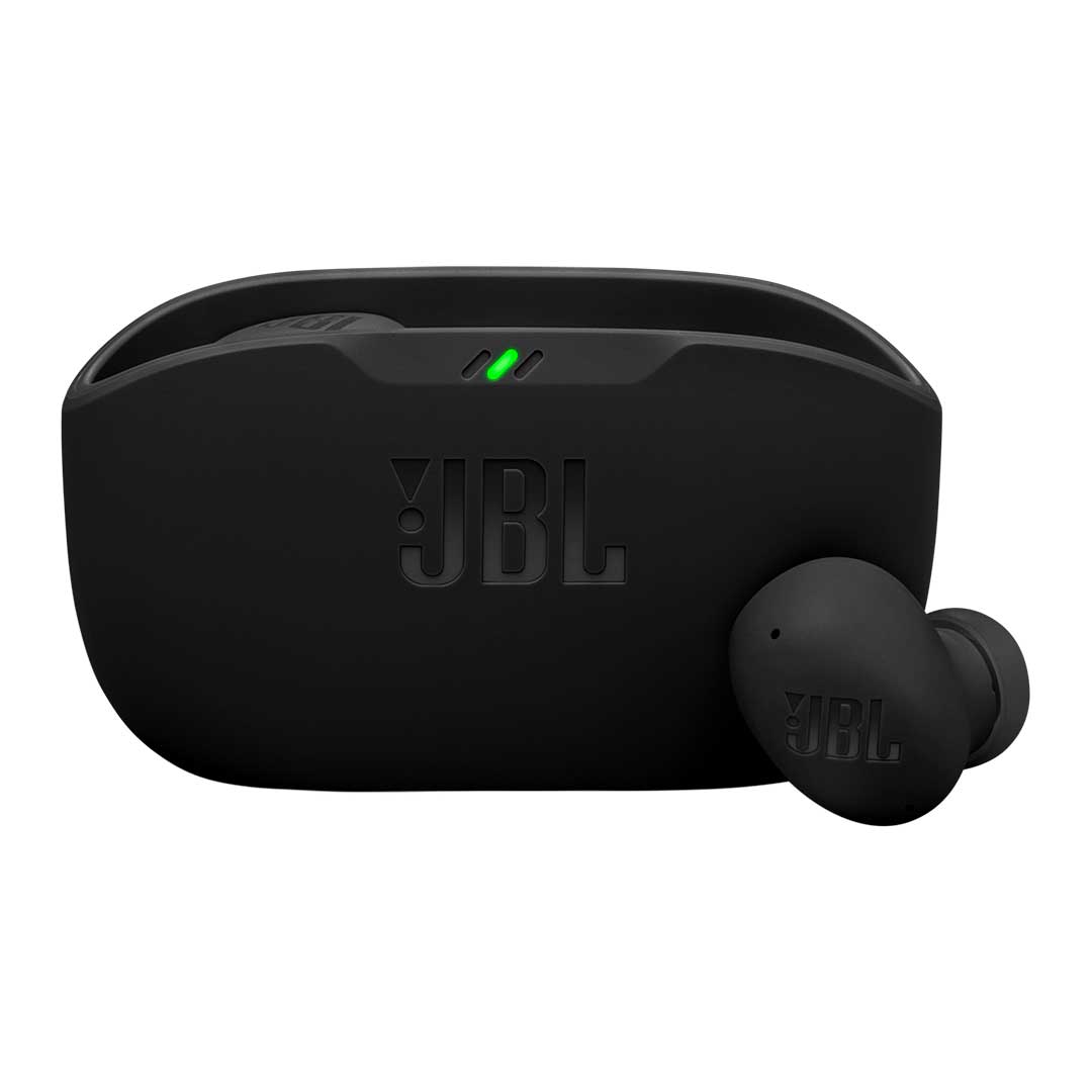 JBL Wave Buds 2 vista frontal con estuche y audífonos