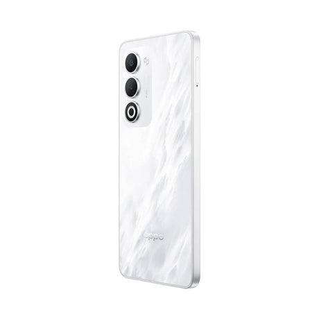 OPPO A5 vista lateral izquierda resaltando acabado blanco