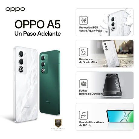 OPPO A5 vista frontal blanca con pantalla encendida