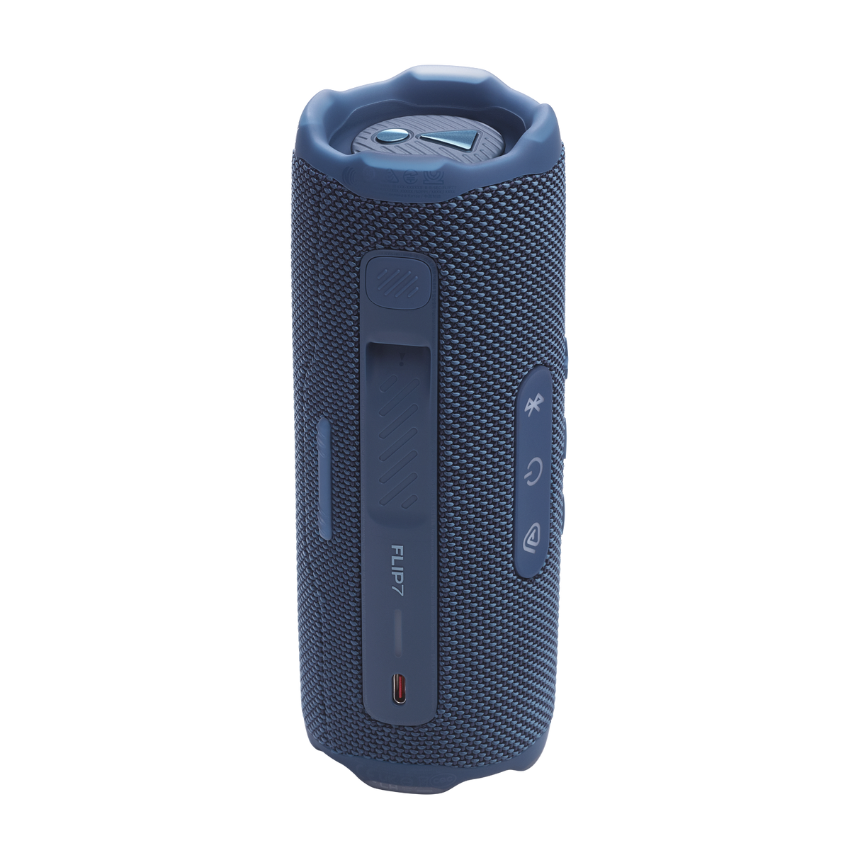 JBL Flip 7 vista trasera azul, rejilla y logo