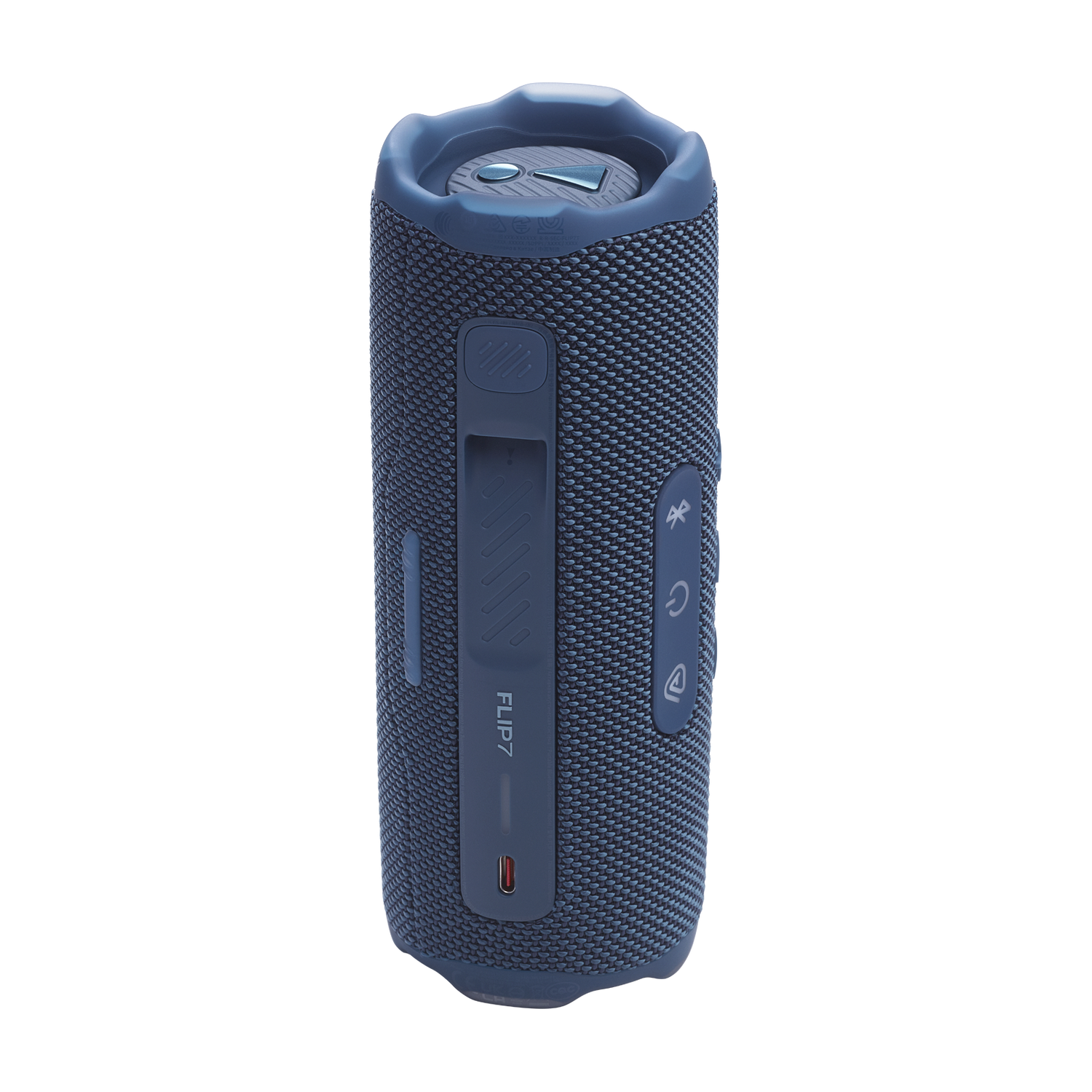 JBL Flip 7 vista trasera azul, rejilla y logo