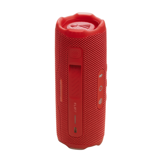 JBL Flip 7 vista trasera roja, rejilla y logo