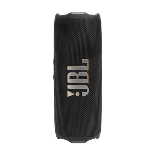 JBL Flip 7 vista frontal negra, diseño portátil