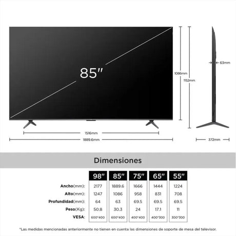 TCL 85P8k vista lateral del televisor 85 pulgadas QLED