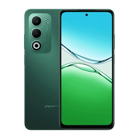 OPPO A5 vista frontal con pantalla y diseño en blanco